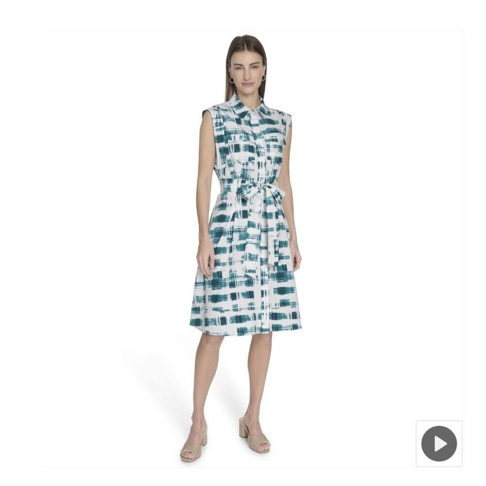 NEW ANDREW MARC WOMENS BELTED SHIRT DRESS SIZE 10 Green White Button Up - Picture 8 of 12
